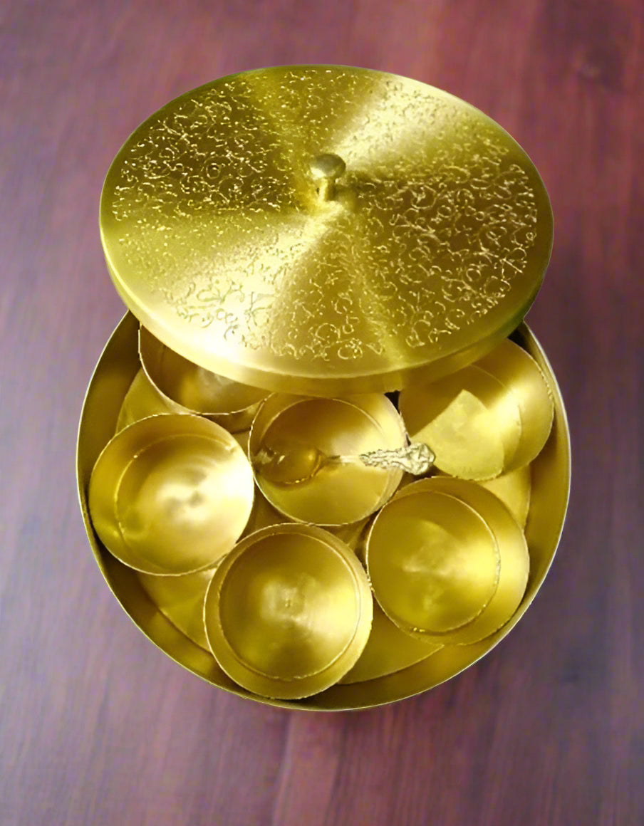 brass carved round spice box with 7 containers and 1 spoon perfect